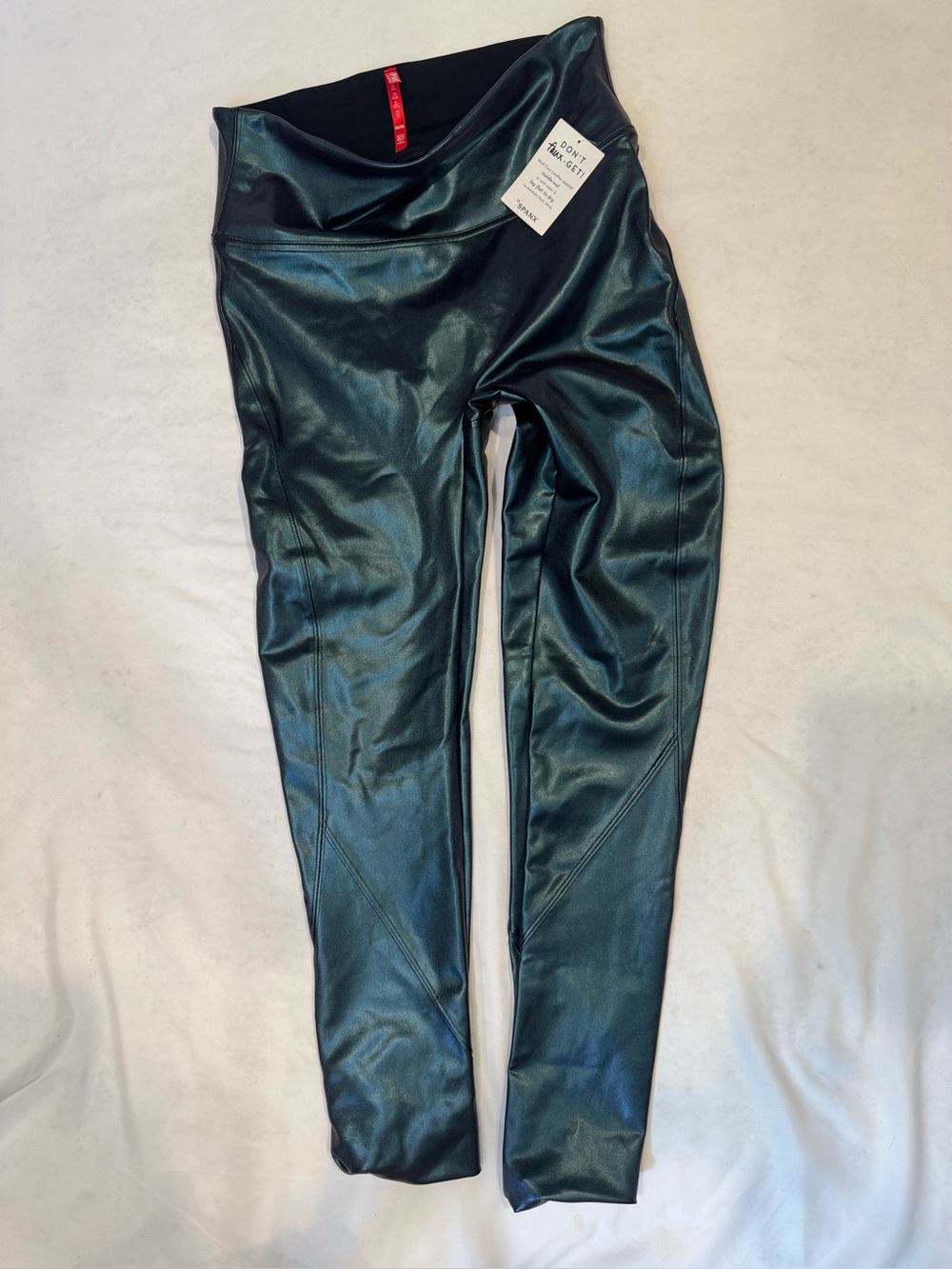 NWT SPANX Metallic Faux Leather Leggings M Teal Blue Iridescent High Waist